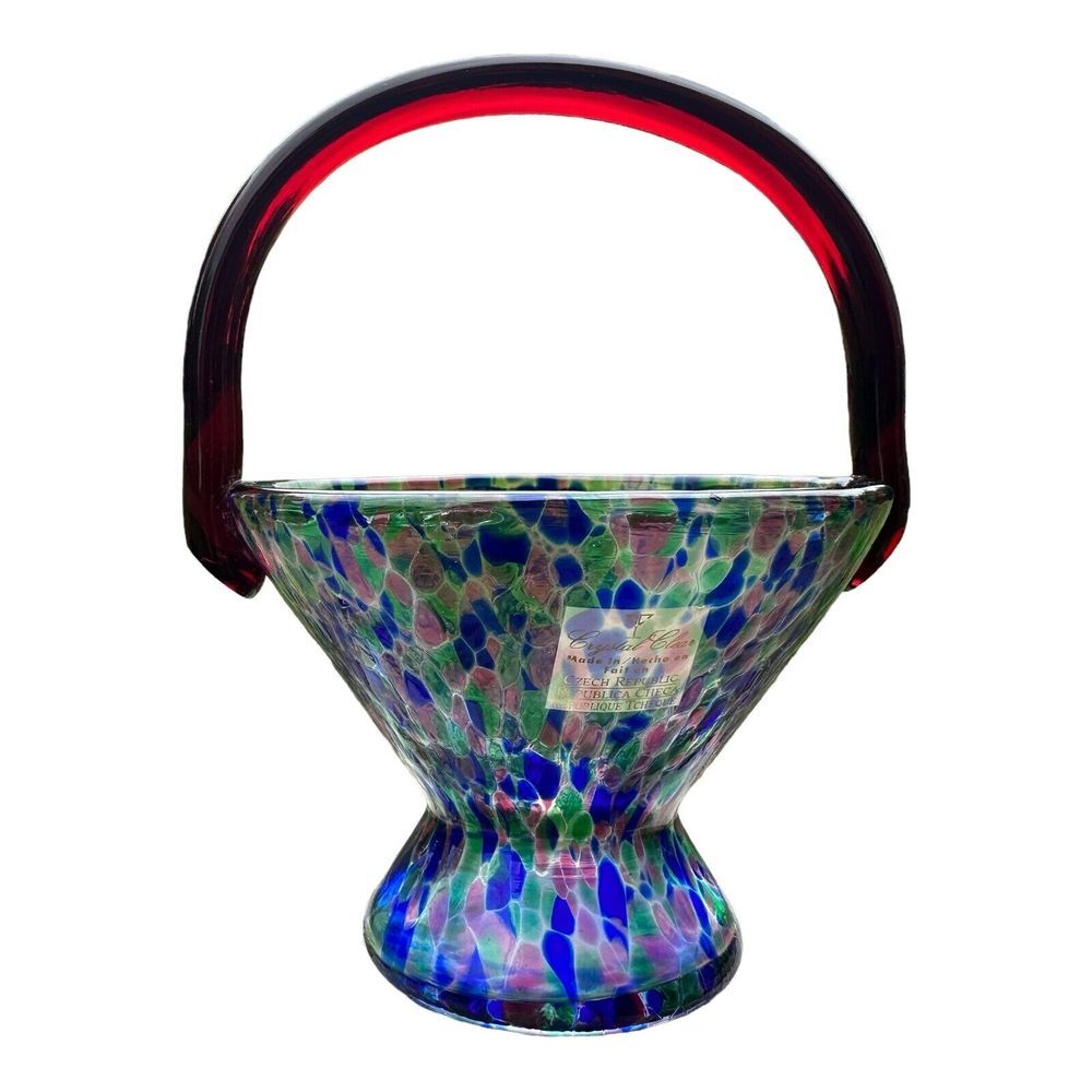 VTG Handled Basket 8 Inch‎ Art Glass Crystal Bohemian Czech Multicolor Confetti
